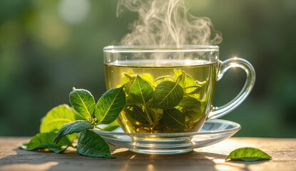 Freshly Brewed Green Tea with Steam Rising