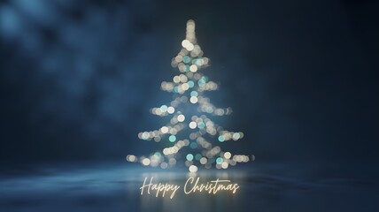 Magical glowing christmas tree with bokeh lights and festive holiday greetings on a dark moody background