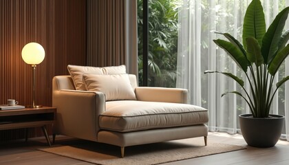 Luxurious beige armchair in modern living room interior. Contemporary comfortable seating, elegant stylish furniture. Sophisticated home decor round table, wood cabinetry, green plant, natural light,