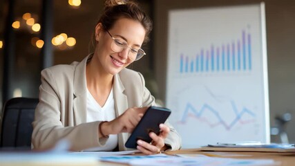 Businesswoman examines graph data on smartphone in modern office environment during work hours - Powered by Adobe