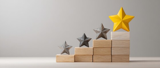 The golden star on wooden block staircase representing achievement and business growth