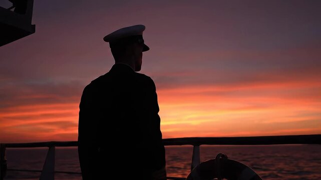 Silhouette of a captain waving goodbye at sunset over the ocean.