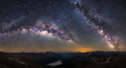 Panoramic Milky Way Over Mountain Range at Sunrise.