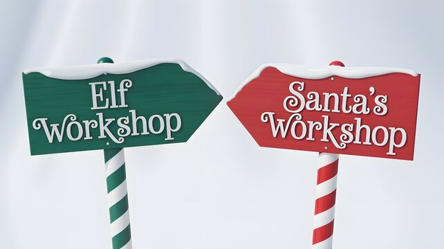 Festive christmas directional signs pointing towards santa s workshop and the elf workshop on striped poles