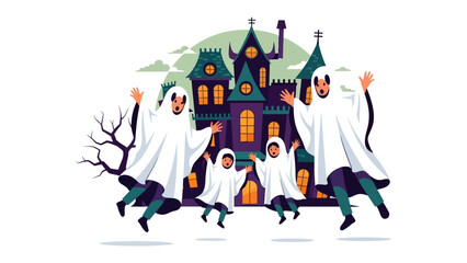 Spooky Family Fun: A digitally illustrated image captures a cheerful family of ghosts leaping playfully in front of a whimsical haunted house on a haunting night, evoking the spirit of Halloween