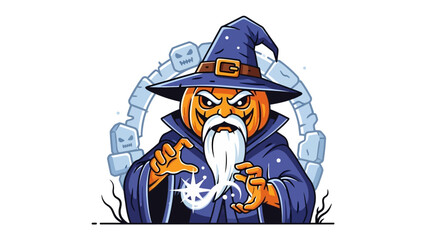 Enchanting Pumpkin Wizard: A captivating illustration of a pumpkin-headed wizard, donned in a traditional robe and hat, conjuring magical energy with focused intent.