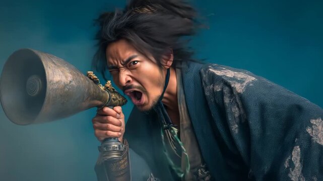 男性が素戔嗚の装束でメガホンに向けて叫ぶ
