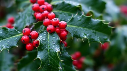 Close-up of holly berries and leaves covered in water droplets - Powered by Adobe
