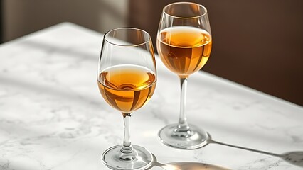 Obraz premium Elegant still life of two crystal wine glasses with golden liquid on a marble surface.