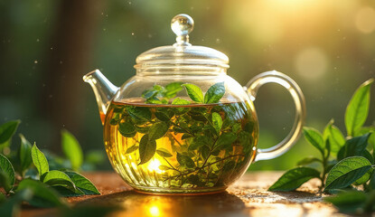 Glass Teapot Filled with Fresh Green Tea Leaves in Sunlight