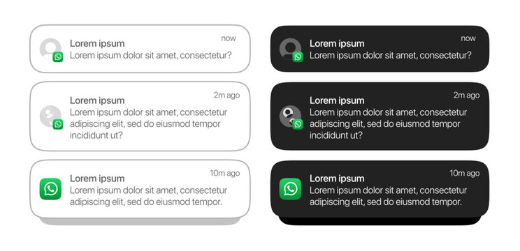 iOS WhatsApp notification mockup UI design in light and dark mode with rounded card style for mobile message alerts
