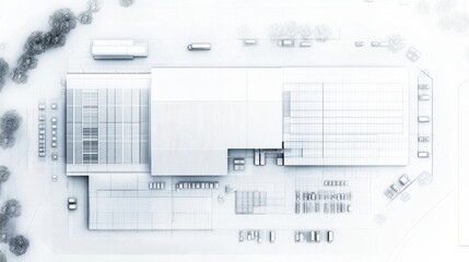 Warehouse plan – Floor plan of energy-efficient warehouse with solar panels, natural lighting, and smart climate systems. Blueprint style.