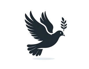 Simple silhouette of a dove in flight, holding an olive branch