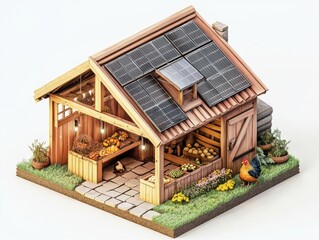 Chicken coop – Isometric drawing of a sustainable chicken coop with solar lighting for off-grid farming. White background.