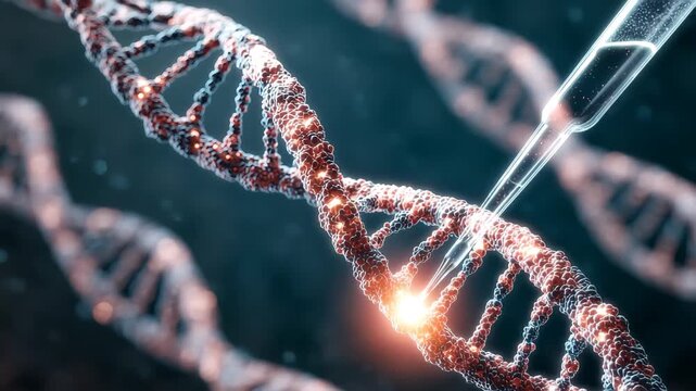 Exploring gene editing with a micro pipette and DNA strand visualization in a laboratory setting
