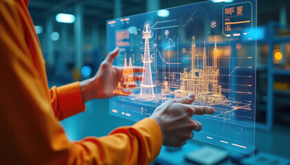 Person interacts with AR engineering design tool. Spatial computing used for immersive project development, precise design. Augmented reality for architecture, construction, manufacturing. Innovative