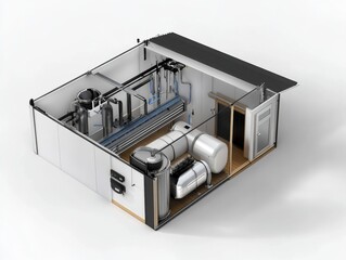 Air-to-water – Schematic of off-grid air-to-water generator for sustainable housing. White background.