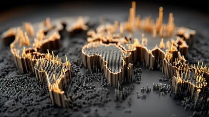 A glowing, digital map of the Earth with data points, representing a global network. This futuristic concept visualizes big data, international business, blockchain technology, and a connected world.