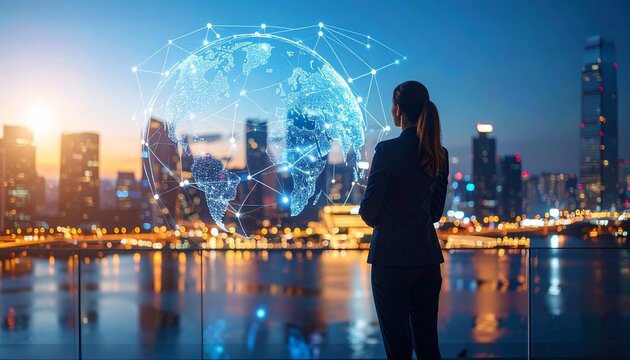 Businesswoman observing digital globe over cityscape at night with innovation and technology. - Powered by Adobe