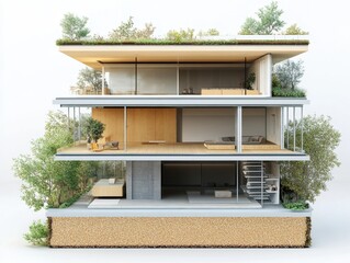 Insulation – Sectional view of building insulation system with air barriers and eco windows for energy efficiency. White background.