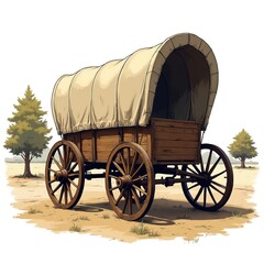 Illustration shows vintage wooden wagon with canvas cover on field near trees. Old-fashioned transportation. Rustic historic traditional carriage drawing, farm equipment, pioneer vehicle. Nostalgic