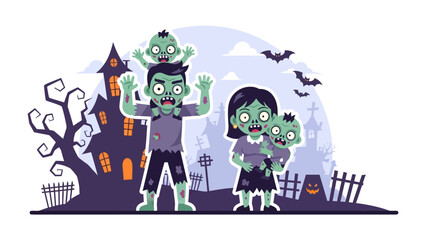 Zombie Family Halloween Scene: A quirky illustration captures a zombie family, embracing the spooky spirit of Halloween. They stand before a haunted house.