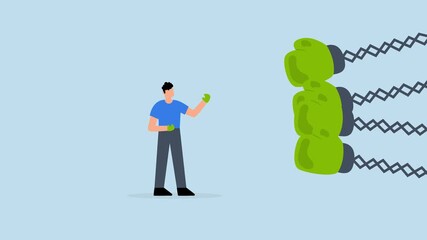 Business challenge to deal with many competitors, Confident businessman wearing boxing gloves battles numerous adversaries - Powered by Adobe