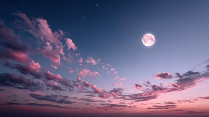 Pixelated Full Moon Night Sky with Pink Clouds and Fading Twilight in Dark Blue and Pink Gradient Background