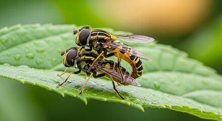 Two Hoverflies in Copulation on a Leaf.