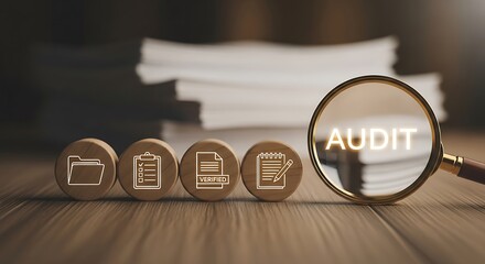 Financial Audit Concept with Magnifying Glass and Documents on Wooden Background.