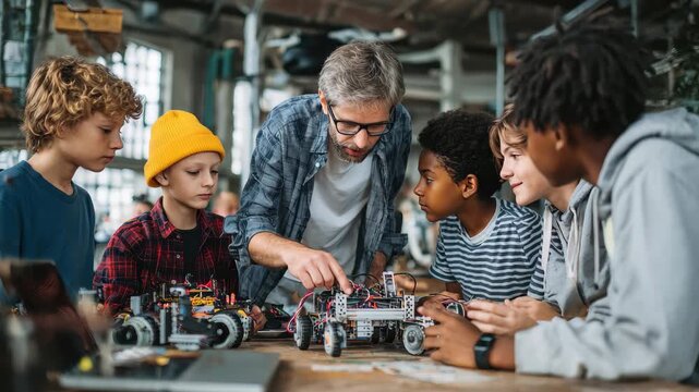 Diverse teenagers collaborate on robotics project in a workshop setting while guided by an adult mentor during an after-school program