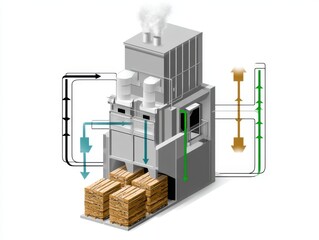 Biochar kiln – Technical concept of biochar kiln with airflow design, biomass input, and carbon output channels. White background.