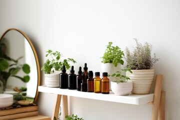 Essential Oil Bottles and Indoor Plants on Shelf with Mirror Background.