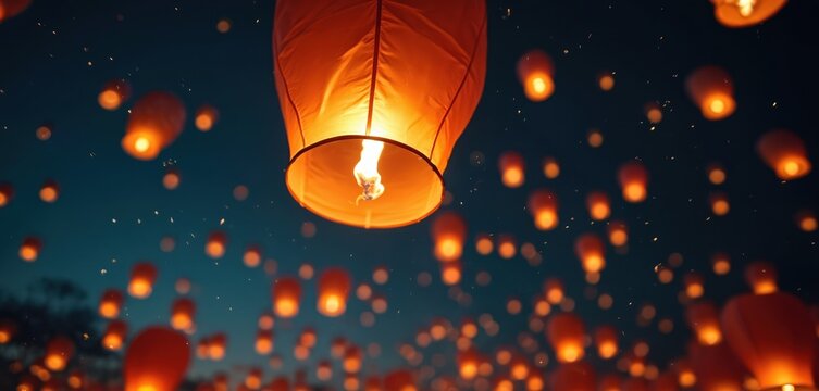 Glowing paper lanterns float in dark night sky during festival celebration. Warm orange lights illuminate scene. Tradition, culture, event atmosphere, wishes release. Community, holiday, gathering,