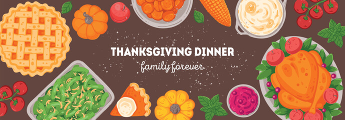 Thanksgiving day, family dinner. Hand drawn flat style. Top view vector illustration. Festive dinner with turkey and potato, apple pie, vegetables, fruits. Autumn food