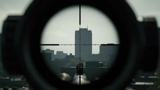 Sniper scope view of city buildings and skyline.