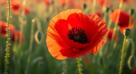 Fototapeta premium Vibrant Red Poppy Flower in a Field.