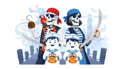 The Pirate Family: A whimsically illustrated scene of a pirate family setting off on a Halloween adventure, exuding the spirit of fun and fantasy.