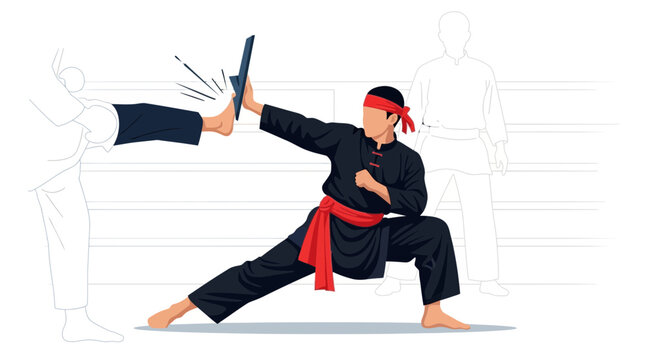 Dynamic silat demonstration with foot strike breaking board illustration