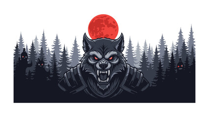 Mystical Werewolf in Moonlight: A fierce werewolf silhouette emerges from a dense forest under a haunting crimson moon, creating a sense of dark, mysterious, and otherworldly. © Ajhar234