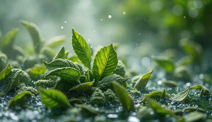 Lush Green Leaves After Rain, Close-up Detail