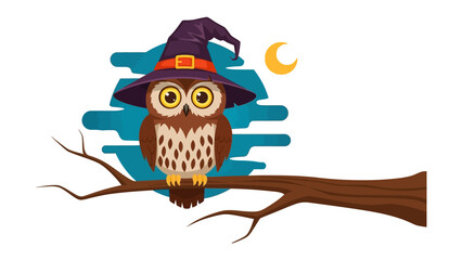 Halloween Owl's Nightly Perch: A whimsical illustration depicts an owl, adorned with a witch's hat, perched serenely on a branch beneath a mystical, moonlit sky.