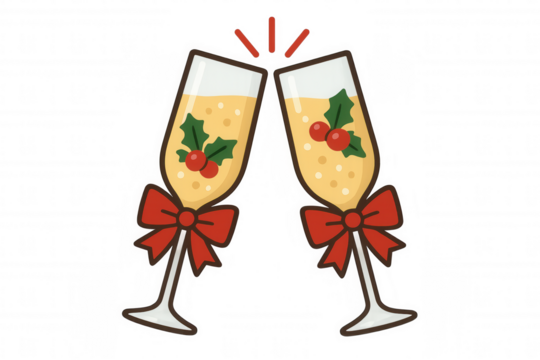 Celebrating a festive moment with clinking champagne flutes decorated with holly, ribbons, and sparkling bubbles