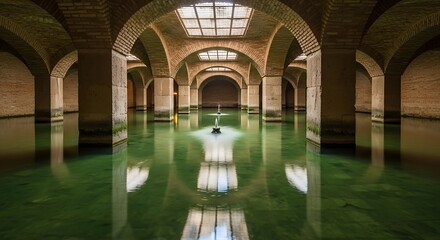 Fototapeta premium Mysterious underground water reservoir with arched ceilings and reflections.