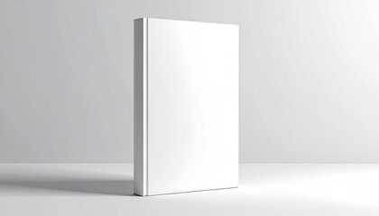 Minimalist White Book Mockup Standing Vertically on a White Surface with Soft Shadows Against a Light Gray Background in Studio Lighting