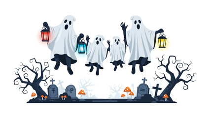 Halloween Ghost Gathering: Whimsical illustration of a family of cheerful ghosts, each draped in a classic white sheet, joyfully floating above a spooky graveyard scene with lanterns.
