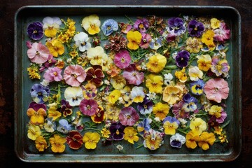 Assorted Colorful Edible Flowers on Dark Metal Tray for Culinary Decorations.