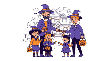 Halloween family illustration: A vibrant illustration showcasing a family dressed in Halloween costumes, ready for trick-or-treating, with the background of a decorated house.