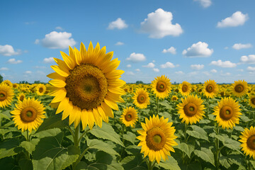 Fototapeta premium Champ de tournesols en été sous ciel bleu