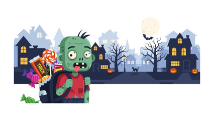 Halloween Zombie Trick or Treat: A cute zombie character, ready for trick or treat adventure in an illuminated cityscape at night, embraces the spooky spirit with candy-filled bag.